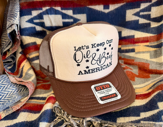 Let’s Keep Oil & Beef American Trucker Hat Brown/Tan