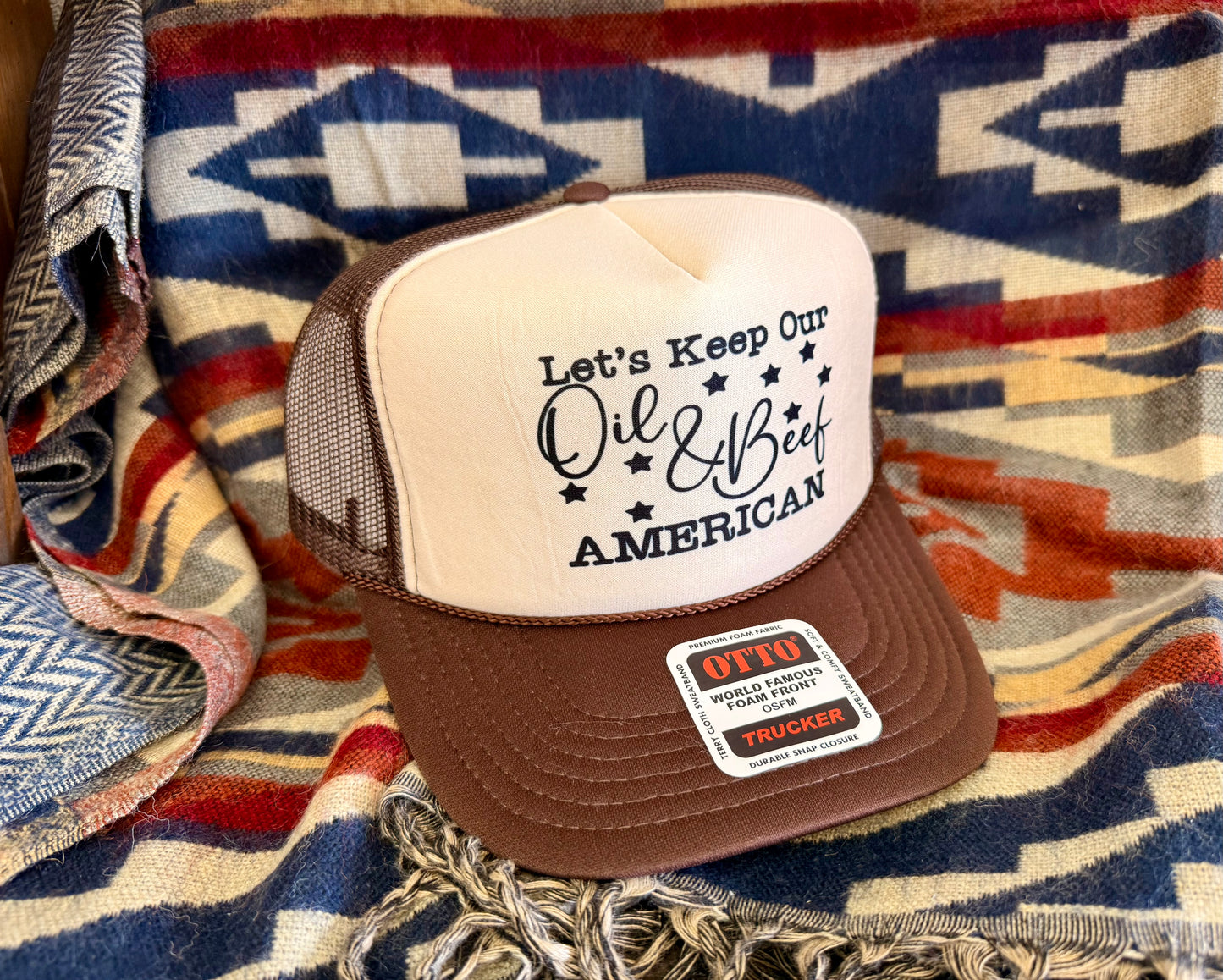 Let’s Keep Oil & Beef American Trucker Hat Brown/Tan