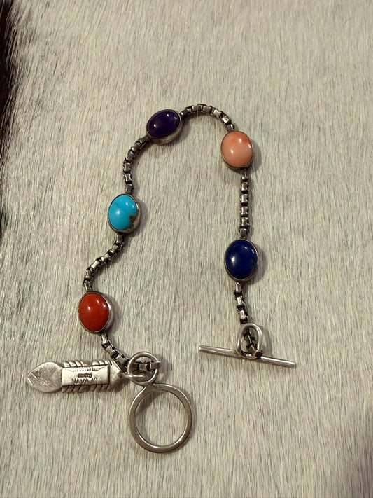 Multi Stone Inlay Box Link Chain Bracelet