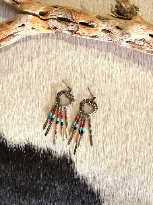 Heart Concho Beaded Dangle Earrings