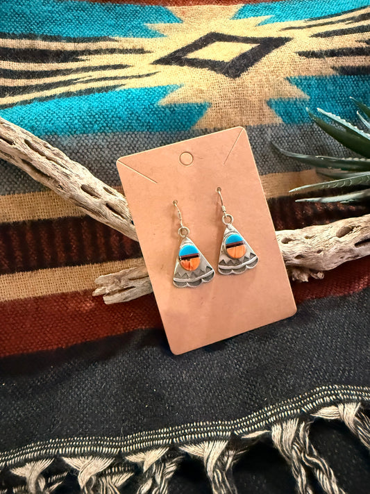 Spiny Oyster and Turquoise Stamped Fan Earrings
