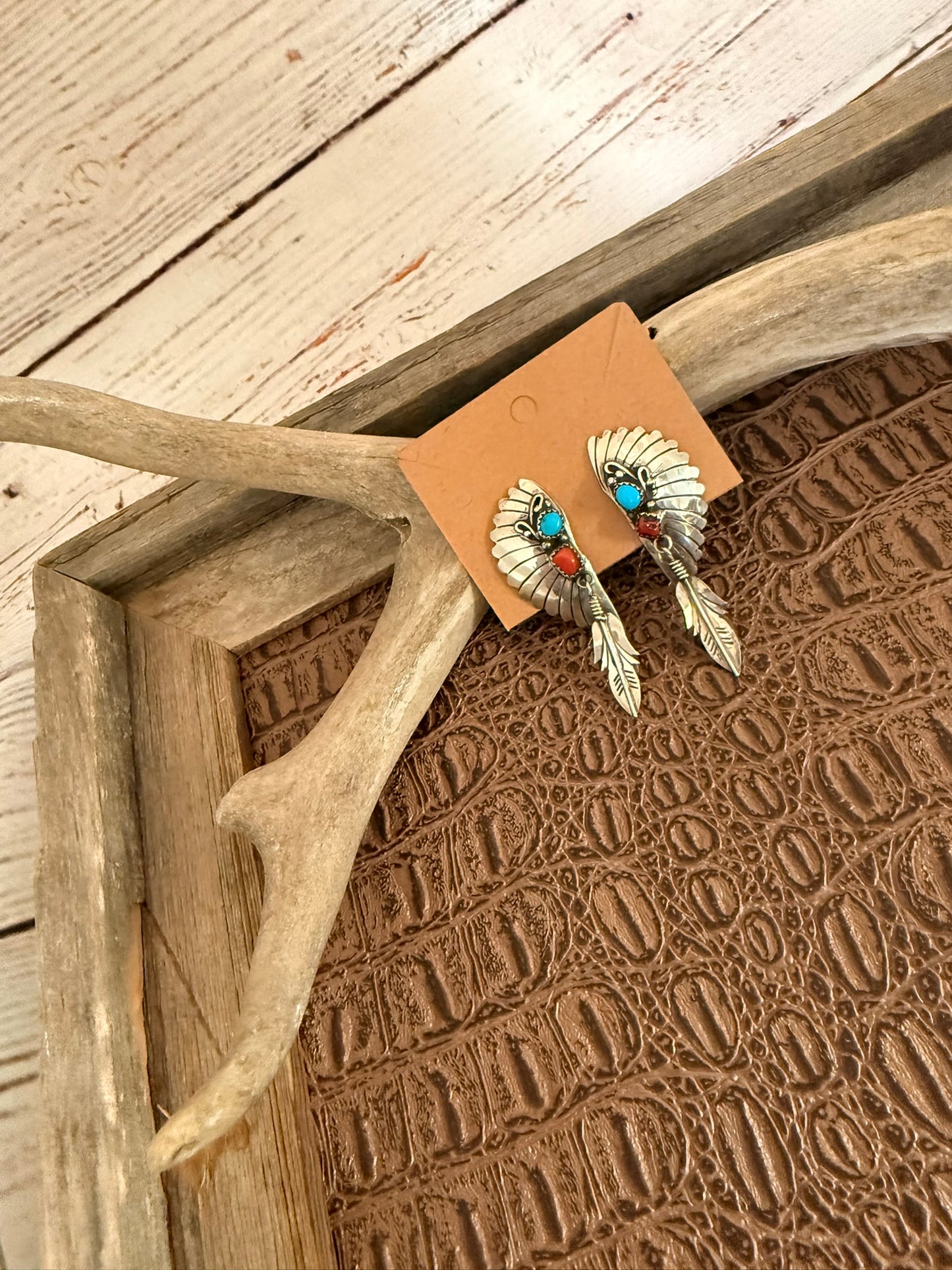 Clip On Headdress Coral and Turquoise Earrings