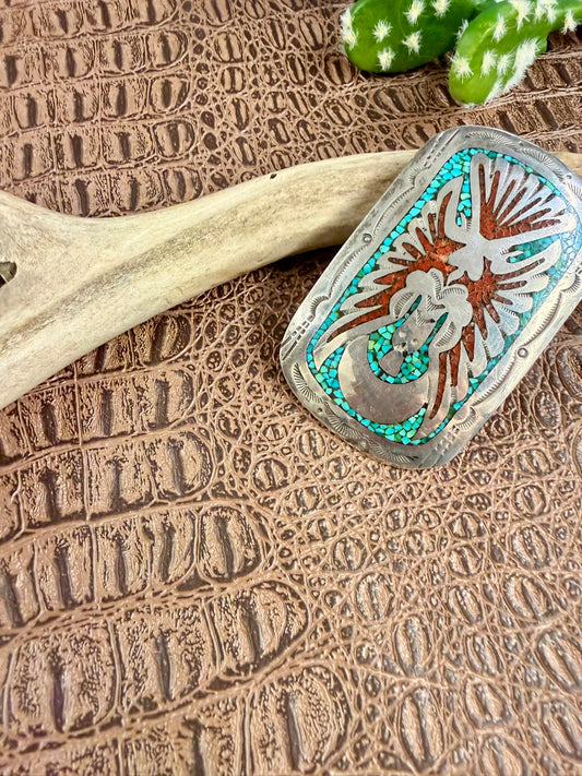Peyote Bird Inlay Coral and Turquoise Buckle