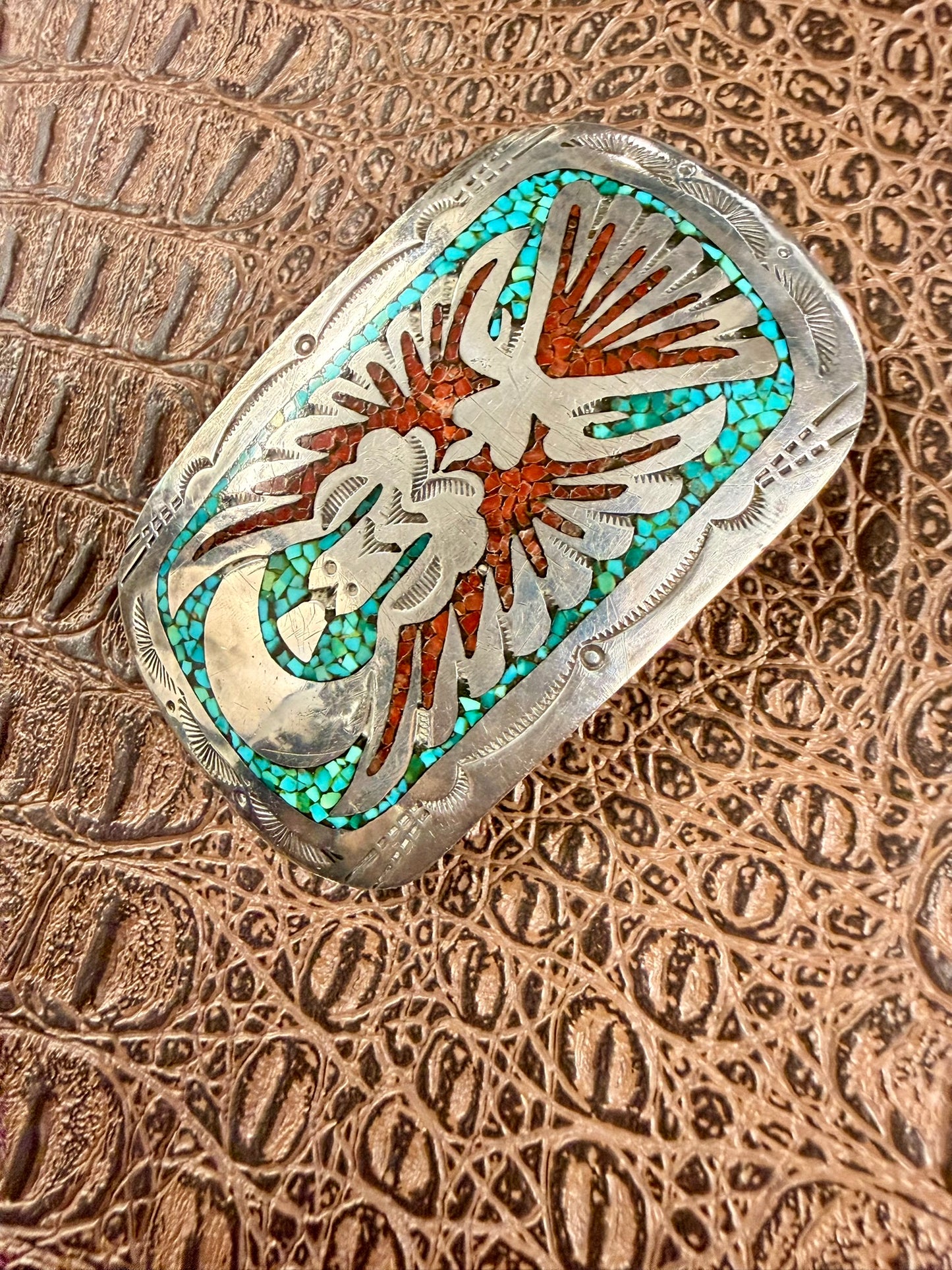 Peyote Bird Inlay Coral and Turquoise Buckle