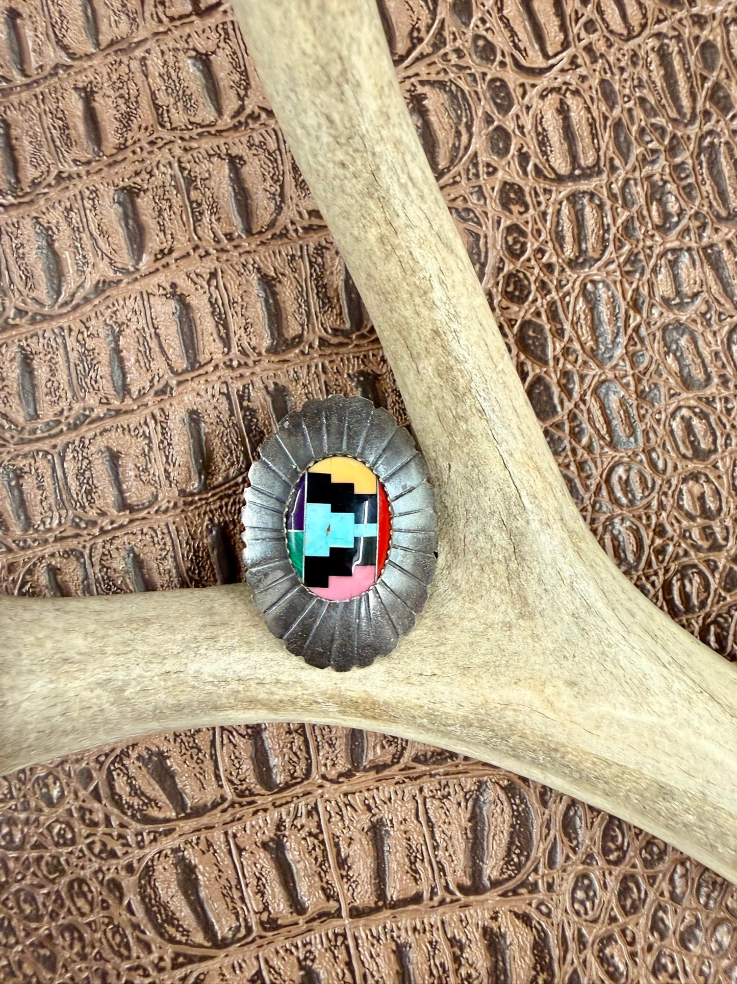 Mosaic Inlay Oval Concho Ring Size 7
