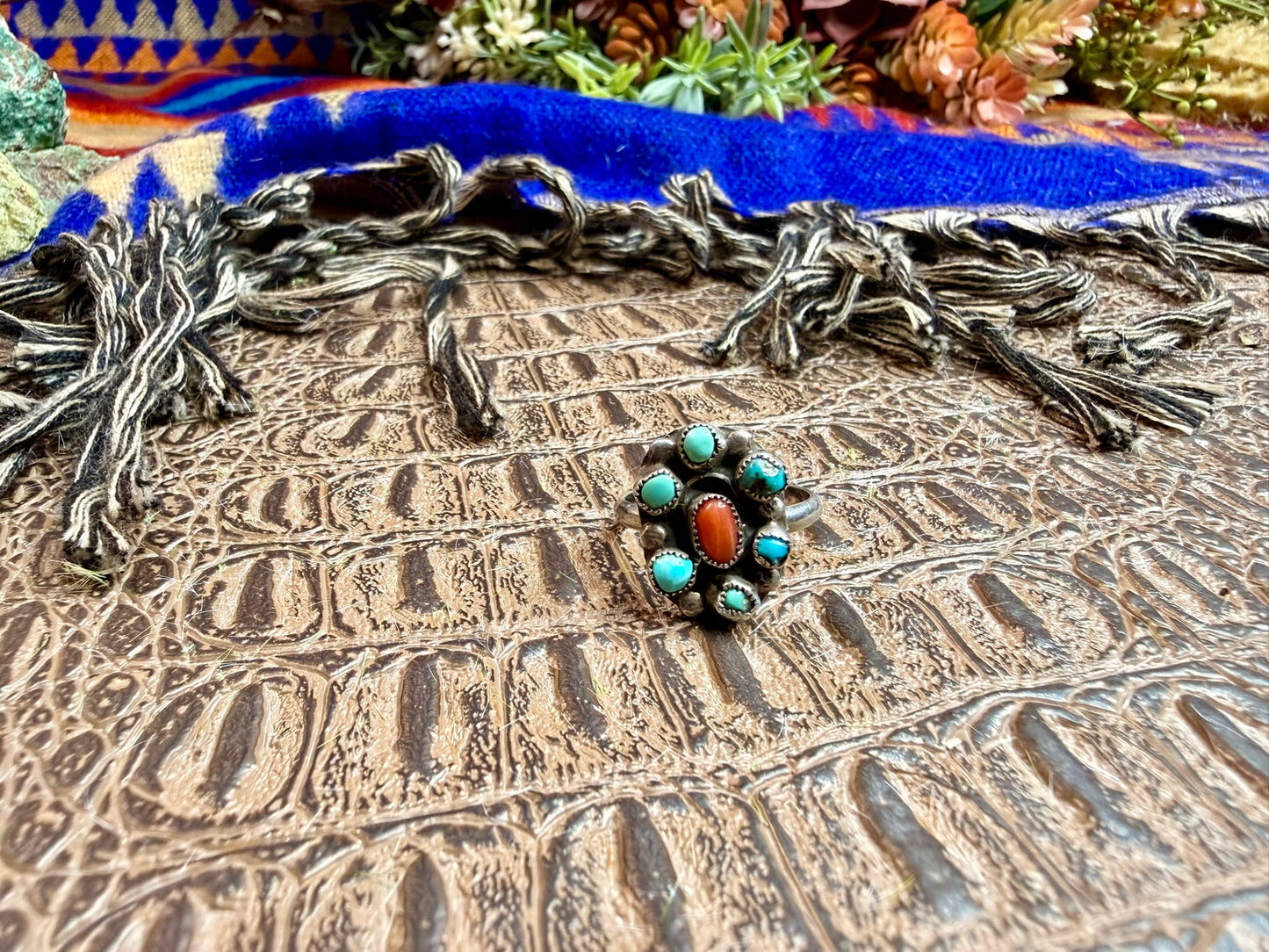 Small Turquoise and Coral Ring Size 7