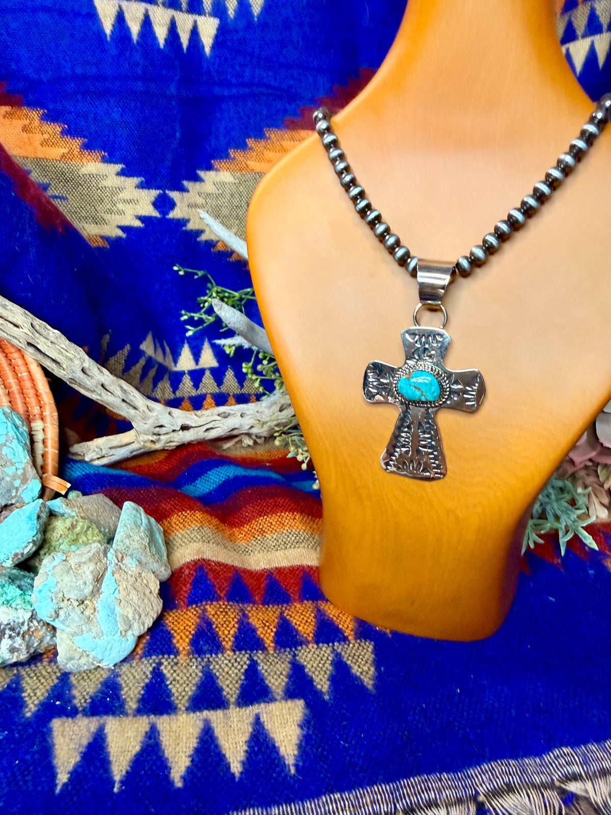 Stamped Cross and Turquoise Pendant #4