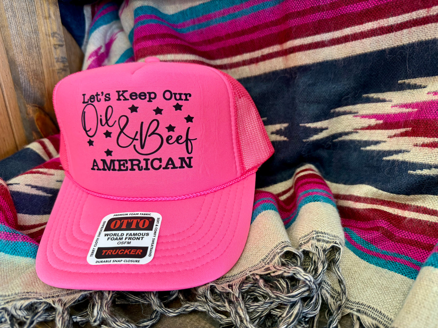 Let’s Keep Oil & Beef American Trucker Hat Hot Pink