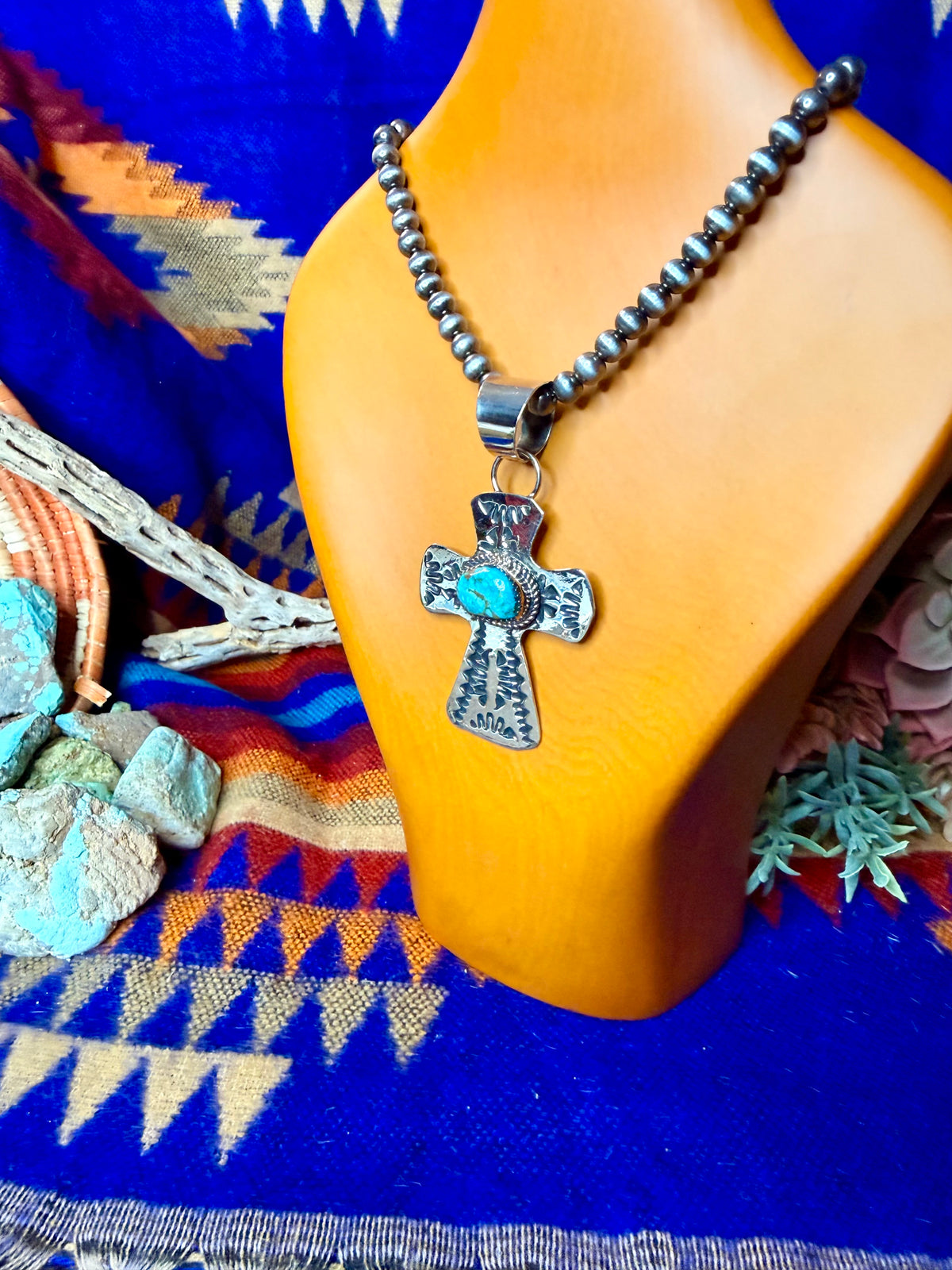Stamped Cross and Turquoise Pendant #4