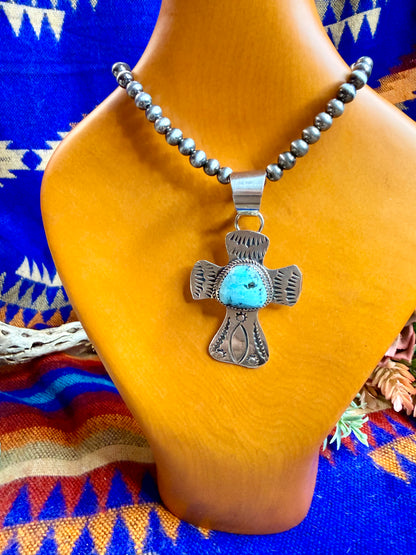 Stamped Cross and Turquoise Pendant #5
