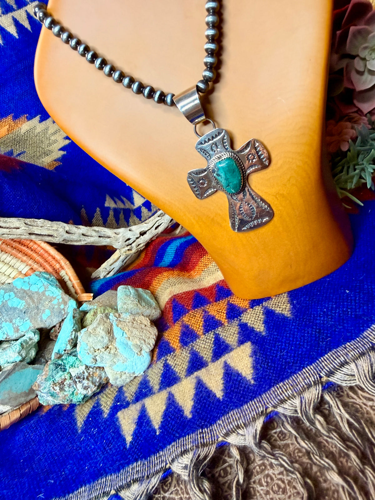 Stamped Cross and Turquoise Pendant #2