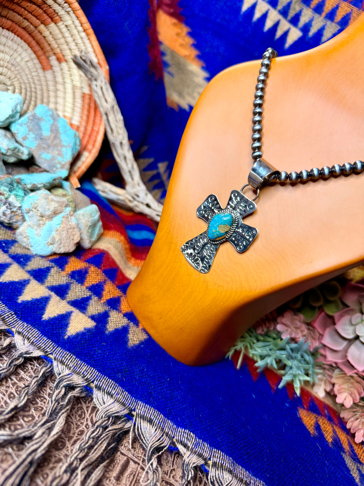 Stamped Cross and Turquoise Pendant #3