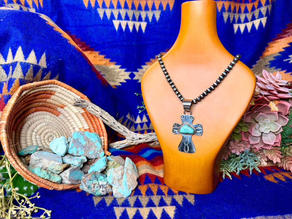 Stamped Cross and Turquoise Pendant #1