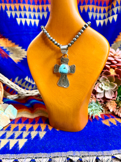 Stamped Cross and Turquoise Pendant #5