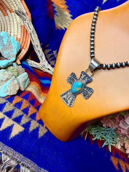 Stamped Cross and Turquoise Pendant #3