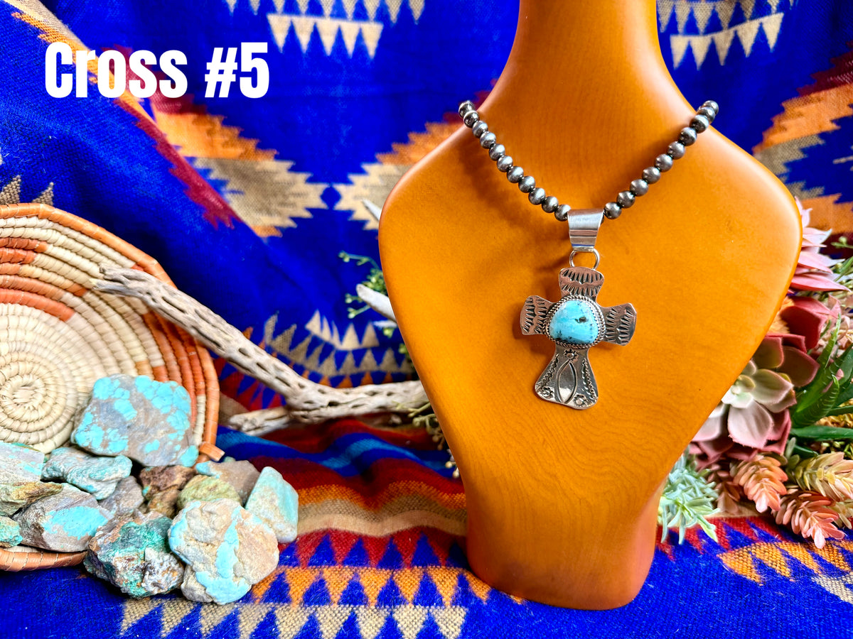 Stamped Cross and Turquoise Pendant #5