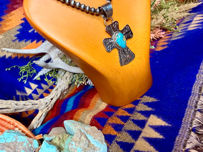 Stamped Cross and Turquoise Pendant #3