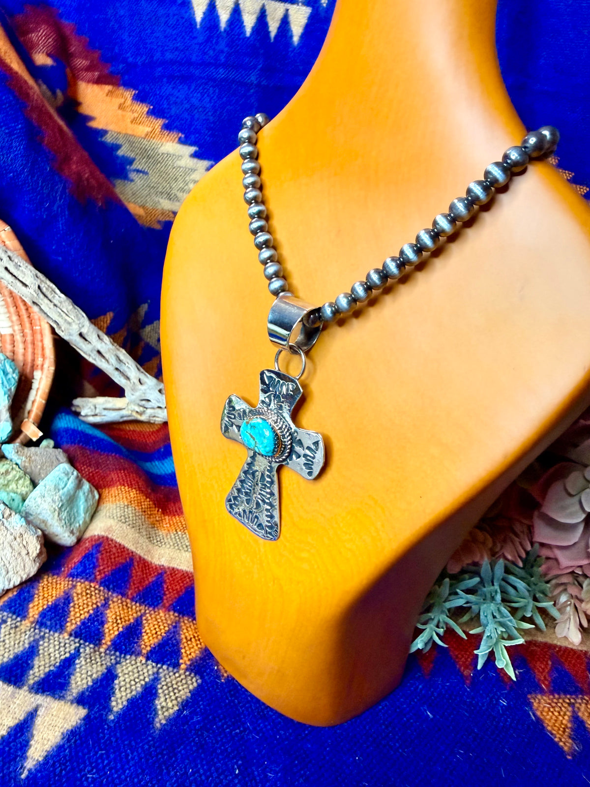 Stamped Cross and Turquoise Pendant #4