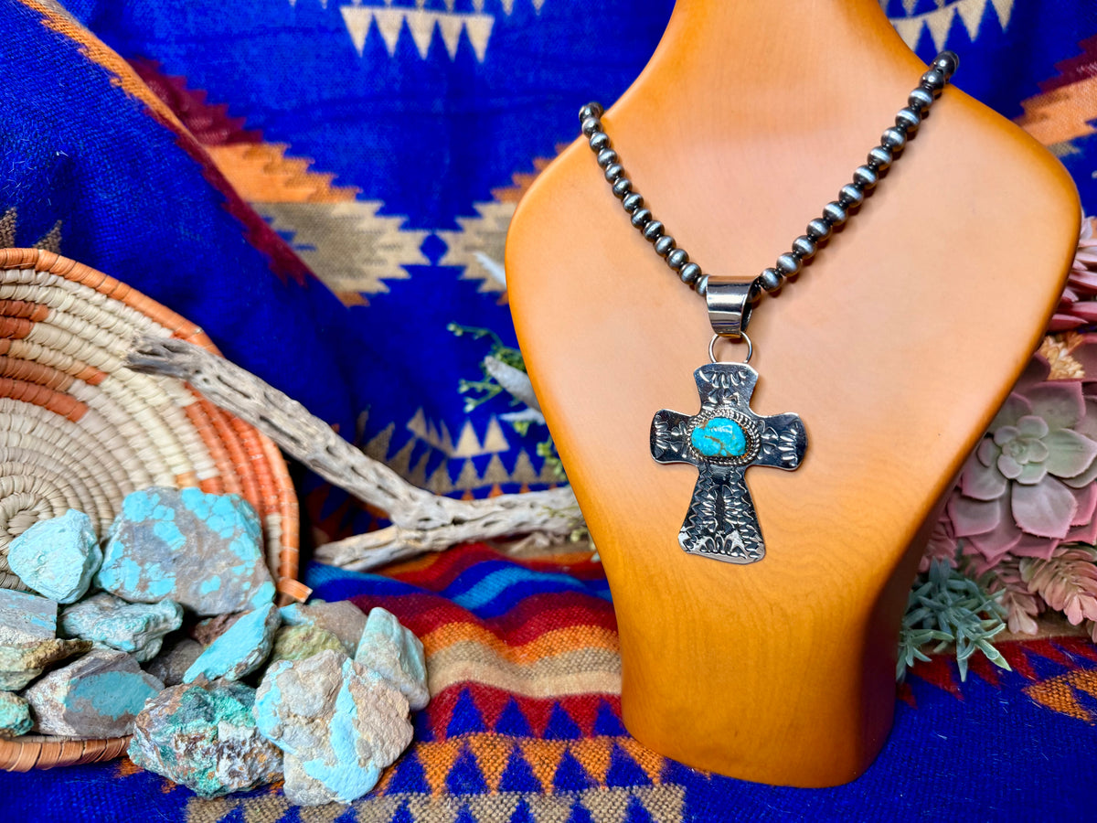 Stamped Cross and Turquoise Pendant #4