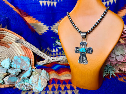 Stamped Cross and Turquoise Pendant #4