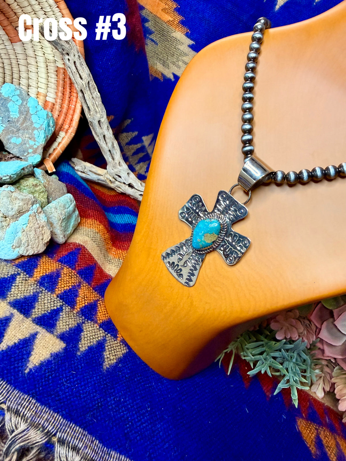 Stamped Cross and Turquoise Pendant #3