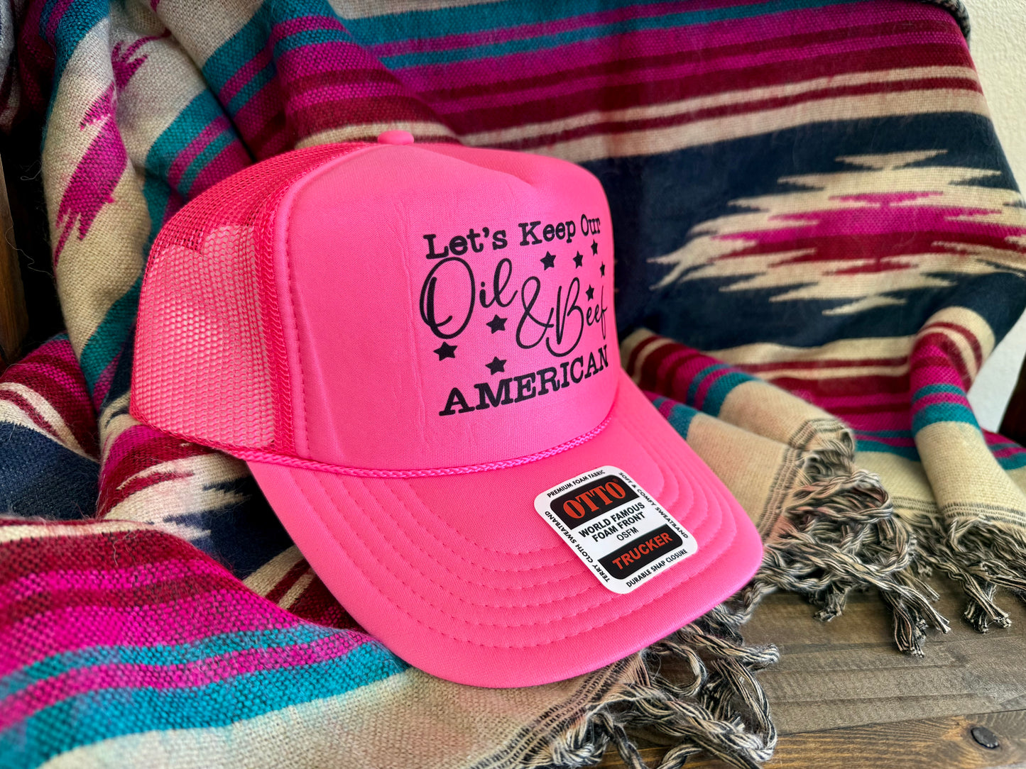 Let’s Keep Oil & Beef American Trucker Hat Hot Pink