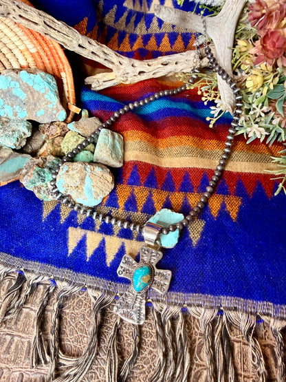 Stamped Cross and Turquoise Pendant #3