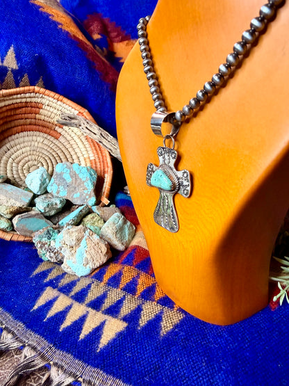 Stamped Cross and Turquoise Pendant #1