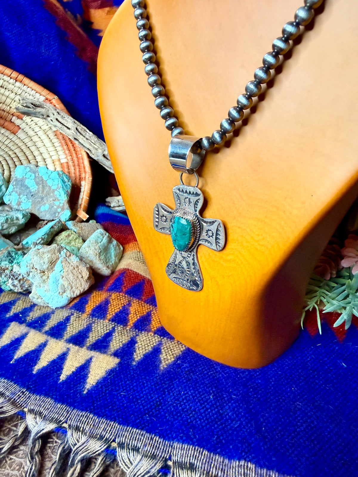 Stamped Cross and Turquoise Pendant #2
