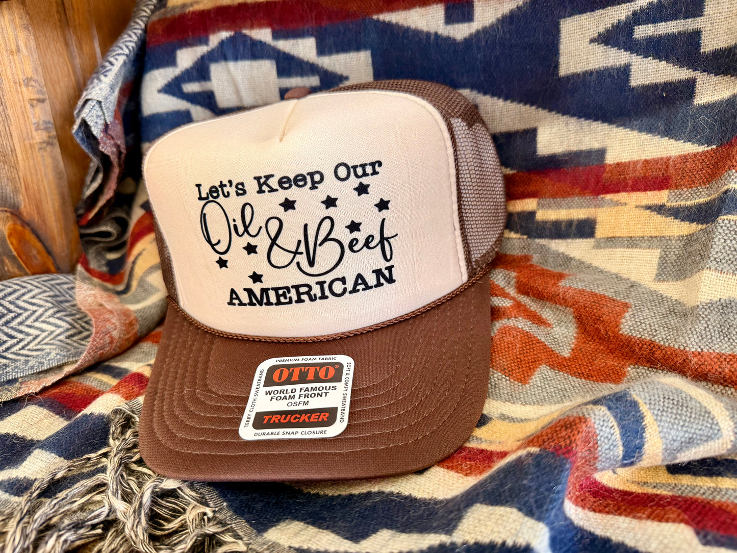 Let’s Keep Oil & Beef American Trucker Hat Brown/Tan