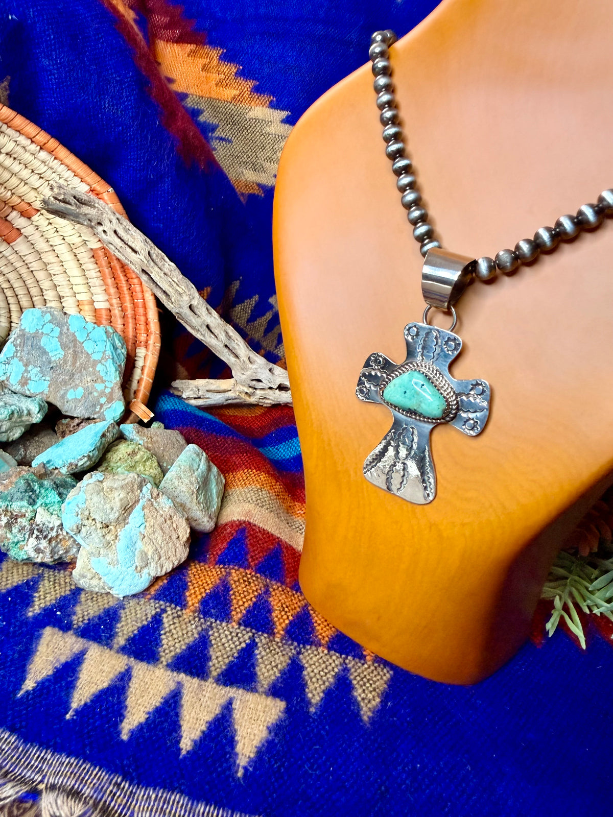 Stamped Cross and Turquoise Pendant #1