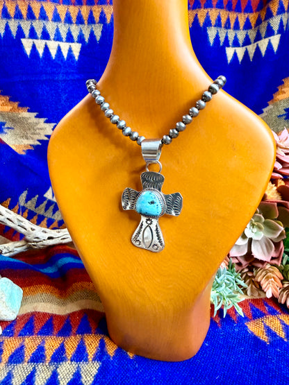 Stamped Cross and Turquoise Pendant #5