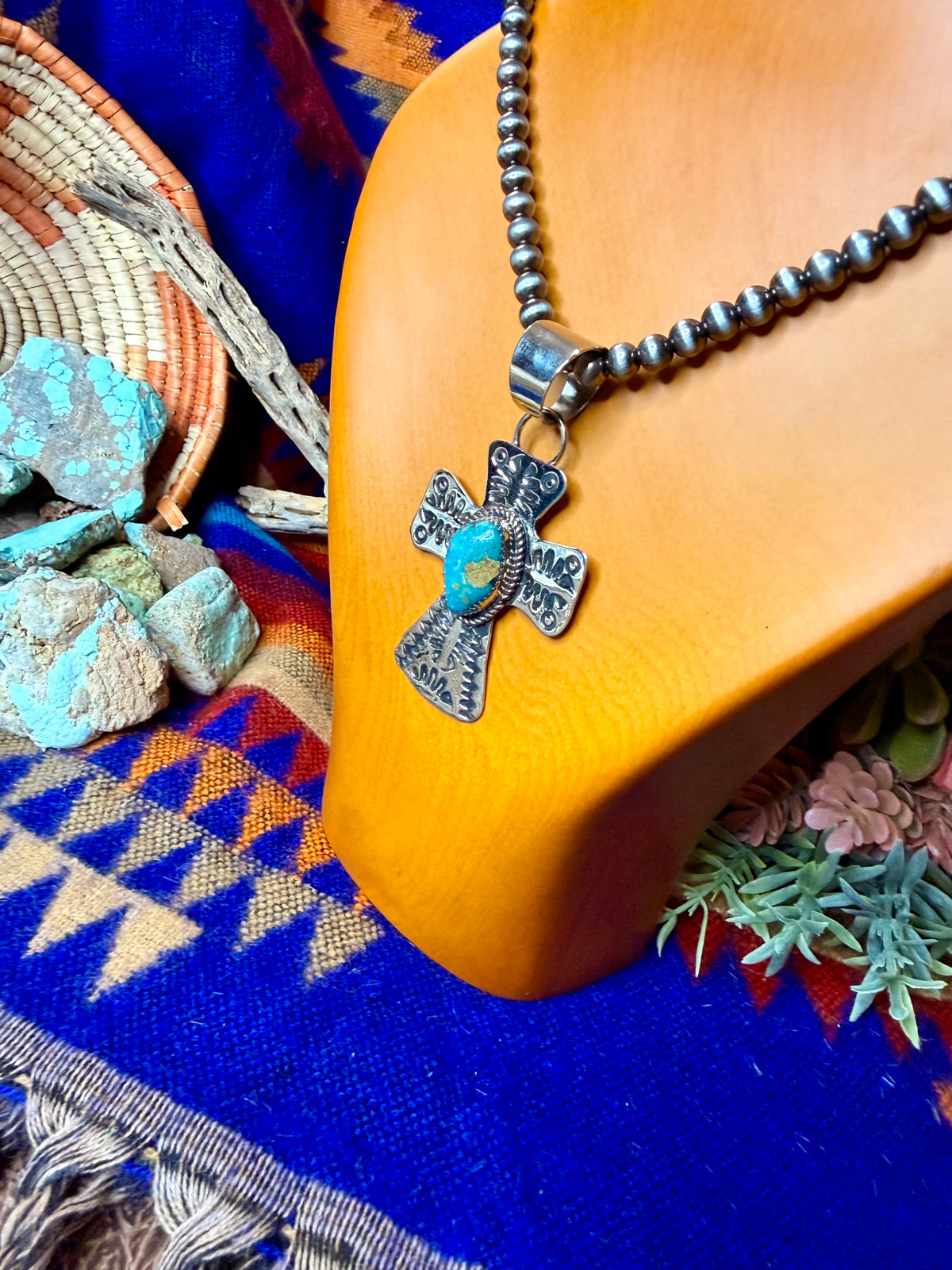 Stamped Cross and Turquoise Pendant #3