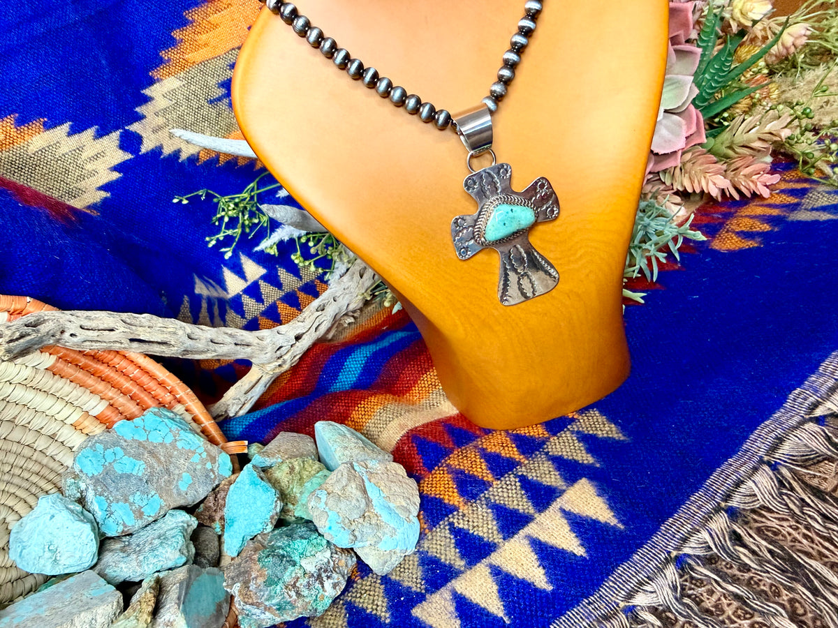 Stamped Cross and Turquoise Pendant #1