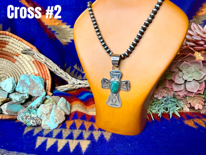 Stamped Cross and Turquoise Pendant #2