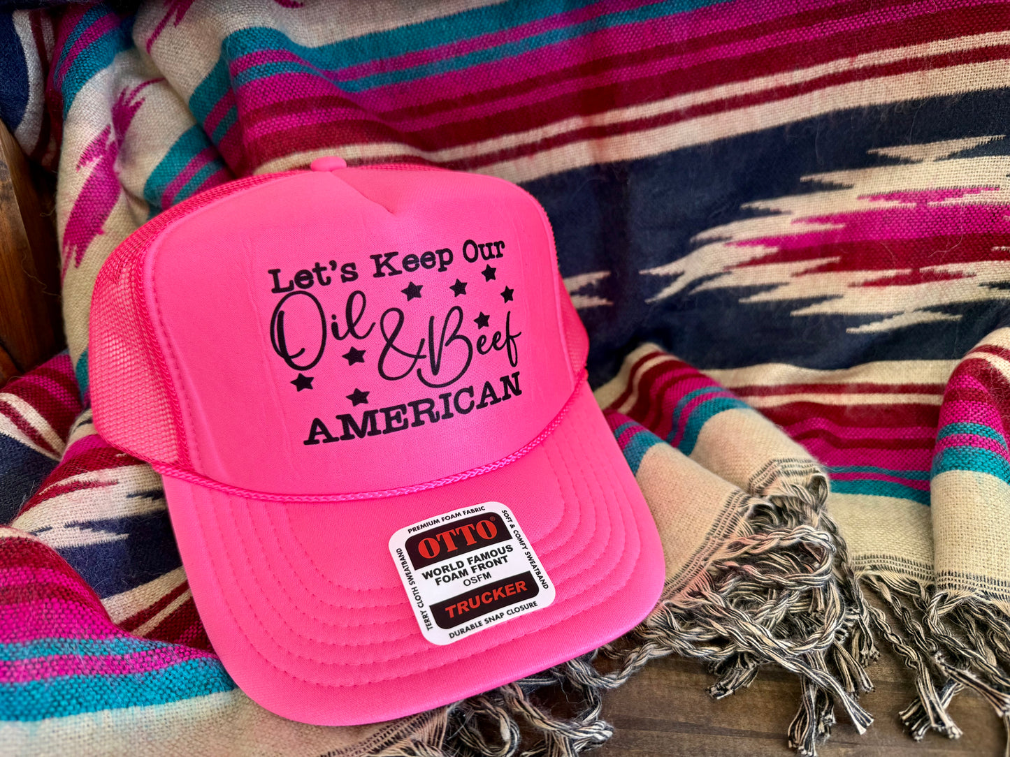 Let’s Keep Oil & Beef American Trucker Hat Hot Pink