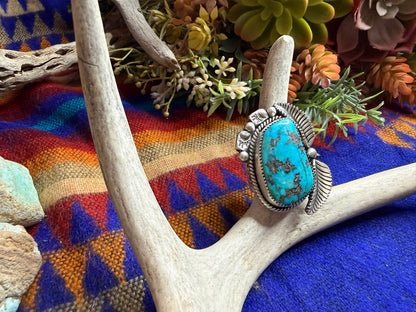 Large Feather Bear Stamp Turquoise Ring Size 10