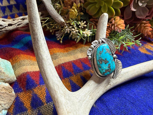 Large Feather Bear Stamp Turquoise Ring Size 10