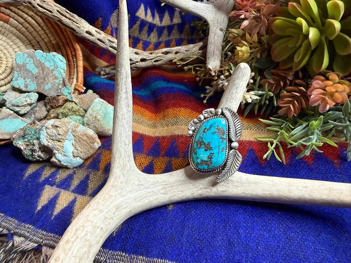 Large Feather Bear Stamp Turquoise Ring Size 10