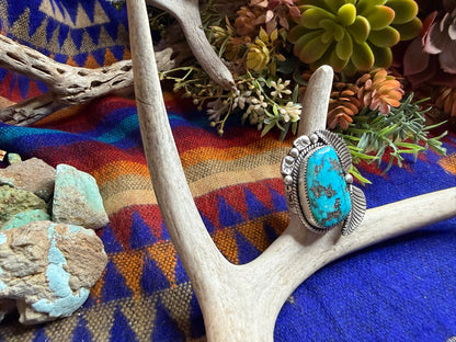 Large Feather Bear Stamp Turquoise Ring Size 10