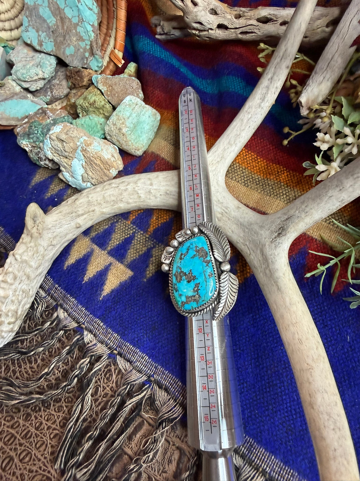 Large Feather Bear Stamp Turquoise Ring Size 10