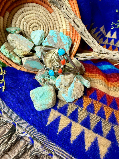 Brass Leaf Coral & Turquoise Cuff Size 6.25