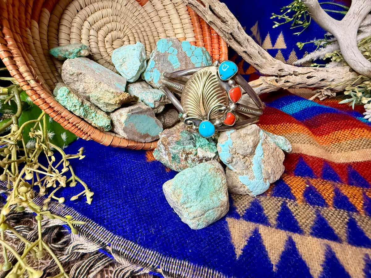 Brass Leaf Coral & Turquoise Cuff Size 6.25