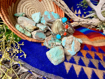 Brass Leaf Coral & Turquoise Cuff Size 6.25