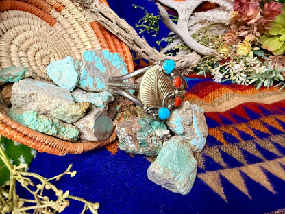 Brass Leaf Coral & Turquoise Cuff Size 6.25