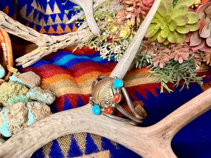 Brass Leaf Coral & Turquoise Cuff Size 6.25