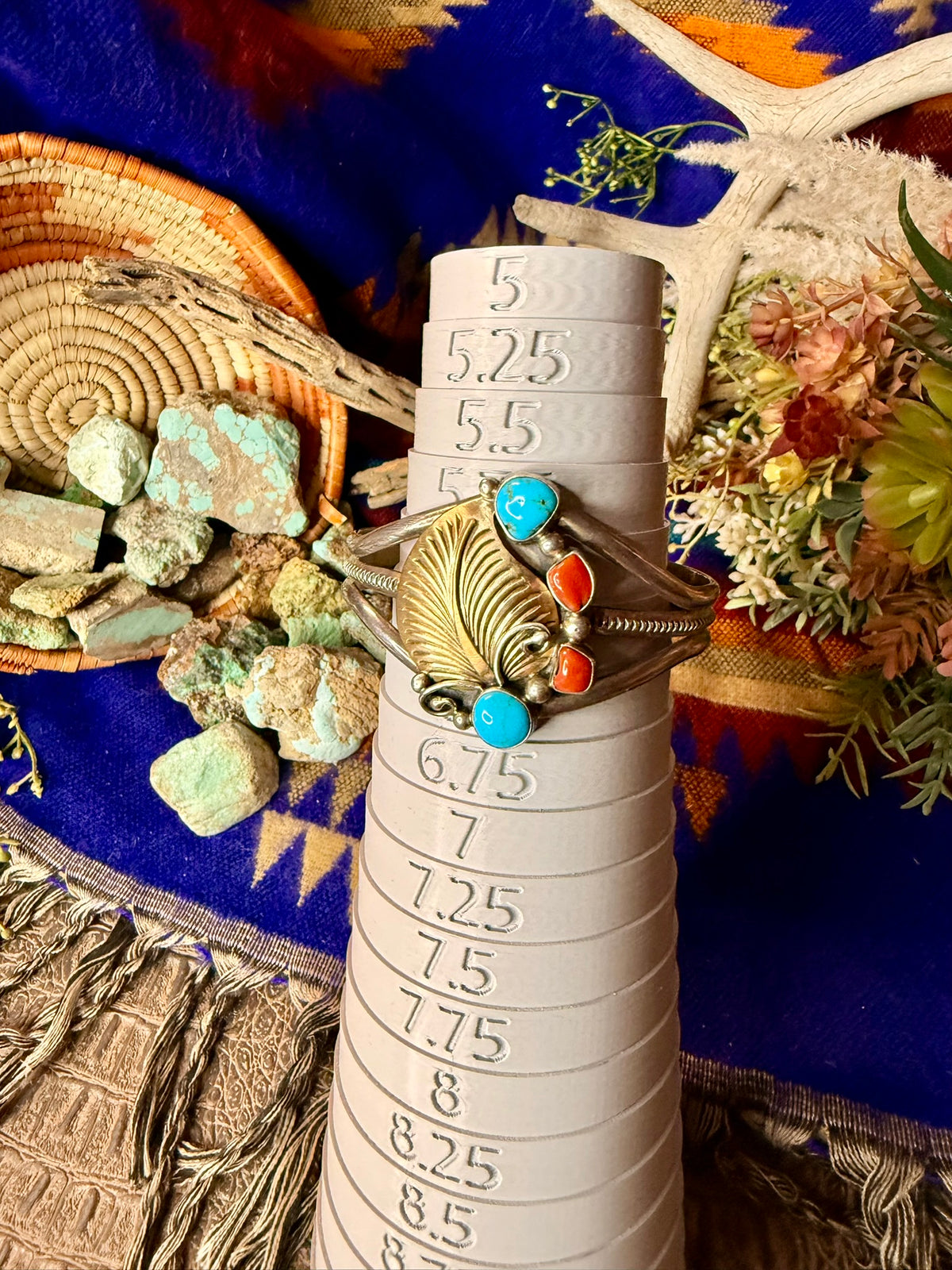 Brass Leaf Coral & Turquoise Cuff Size 6.25