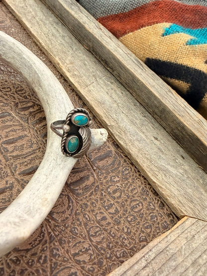 Two Turquoise Stone and Feather Ring Size 6.25