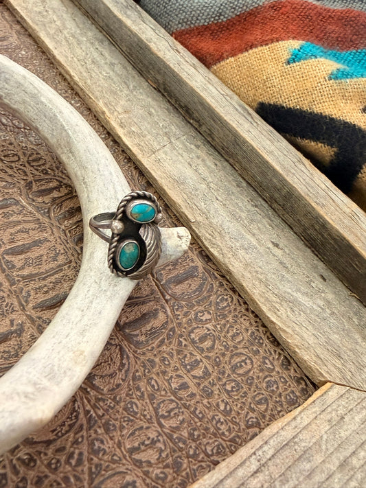 Two Turquoise Stone and Feather Ring Size 6.25
