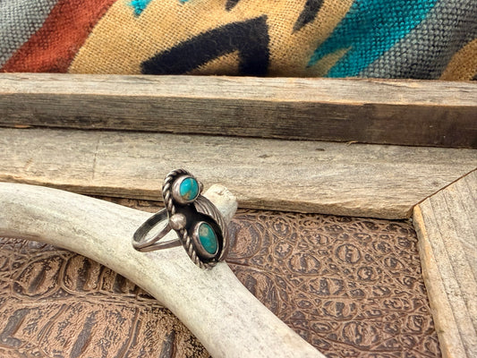 Two Turquoise Stone and Feather Ring Size 6.25